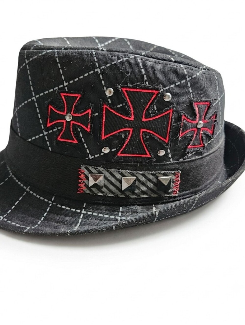 Vintage Granule Concept 1 Iron Cross Studded Grid Fedora Hat Y2K Punk